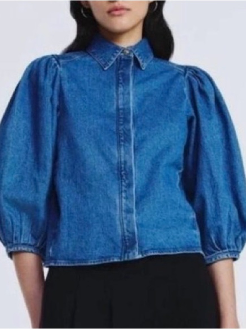 blue denim puff-sleeve button-down shirt size XXL